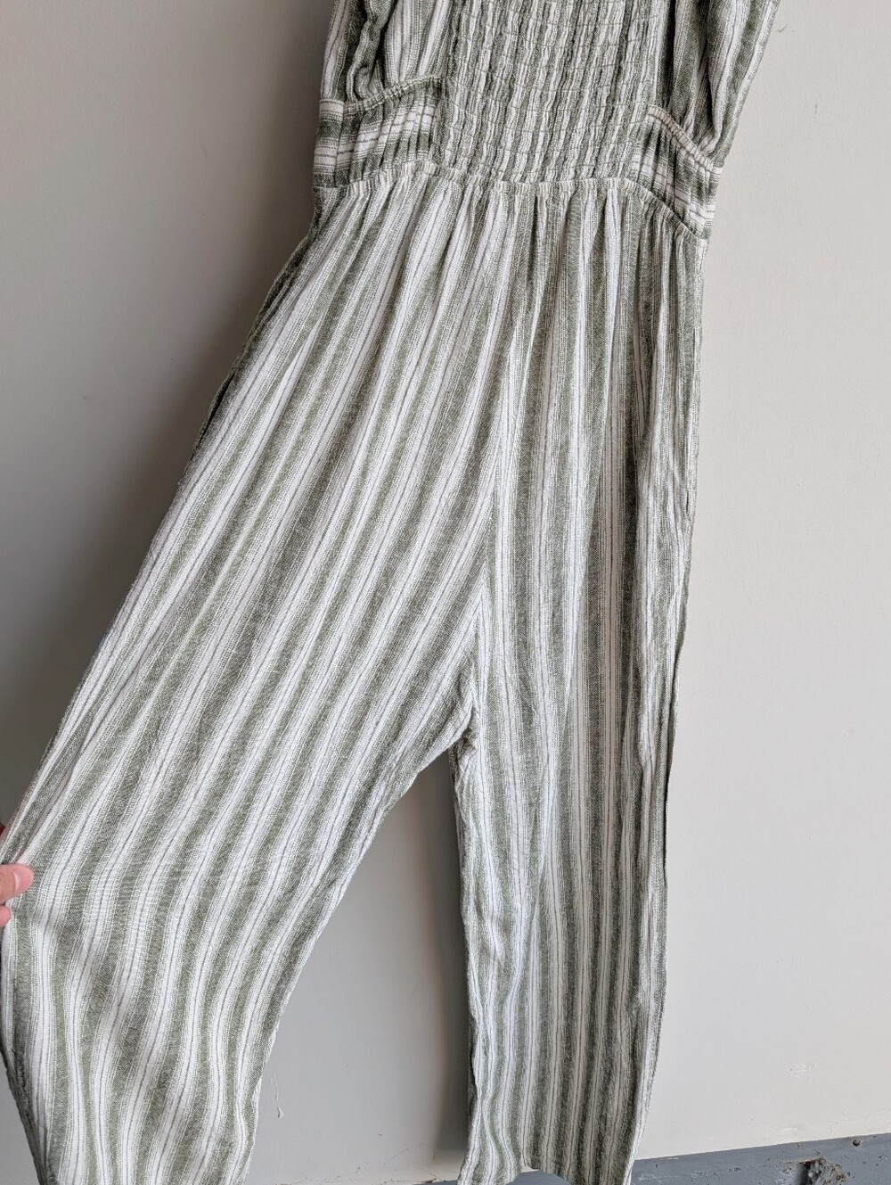 Monteau Linen Sleeveless Striped Jumpsuit - Green and White - Picture 6 of 8